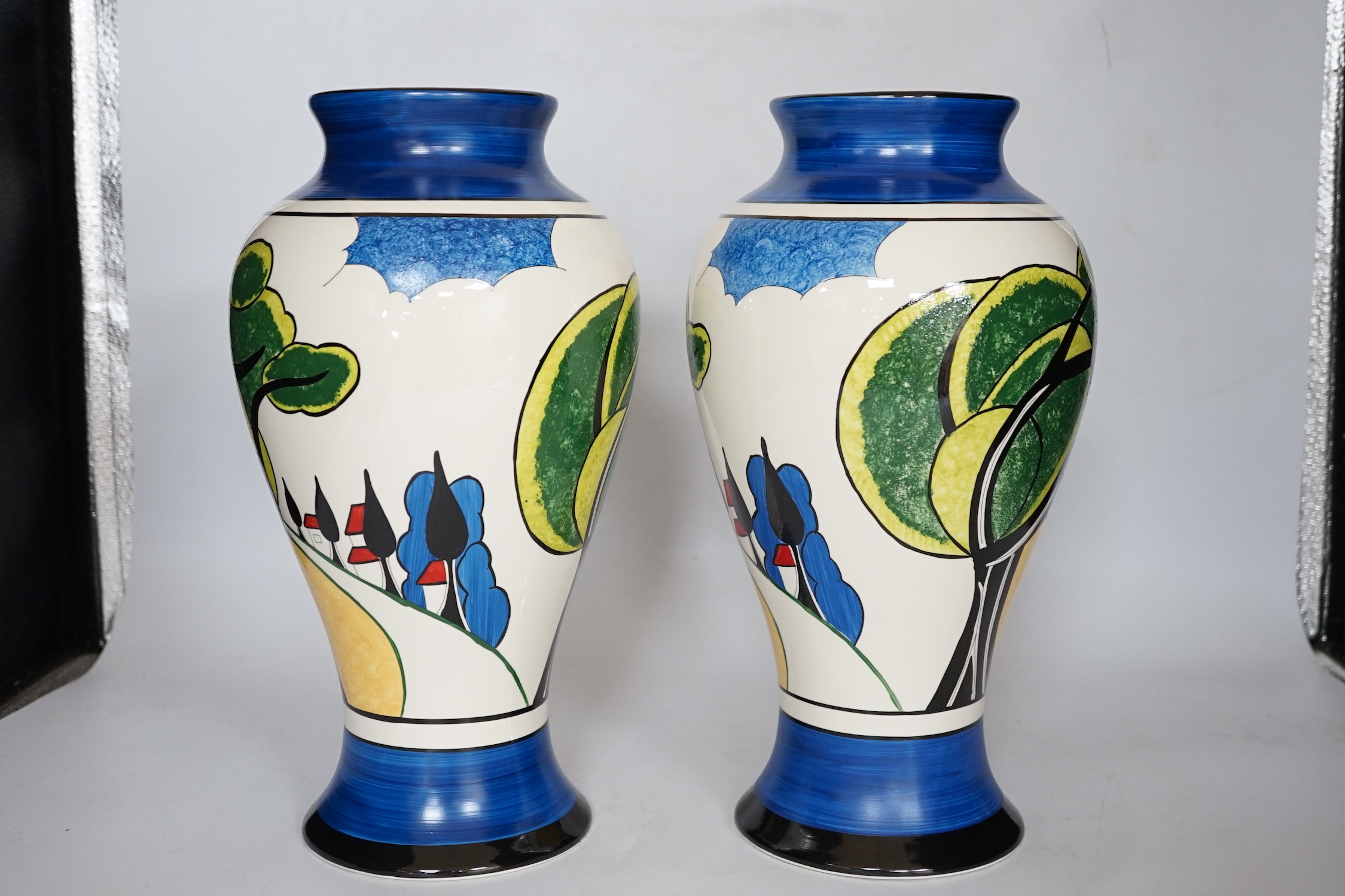 Two Wedgwood Clarice Cliff limited edition May Avenue Mei Ping vases, each with boxes and certificates, 30cm high
